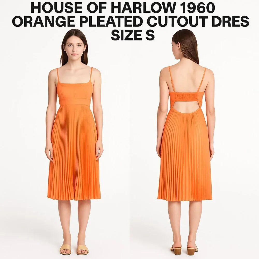 HOUSE OF HARLOW 1960 ORANGE PLEATED CUTOUT DRESS SIZE S - Picture 1 of 9